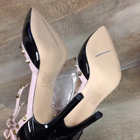 Hecater Ankle Strap Studded Patent Faux Leather Black and Cream Heels - Picture 9 of 9